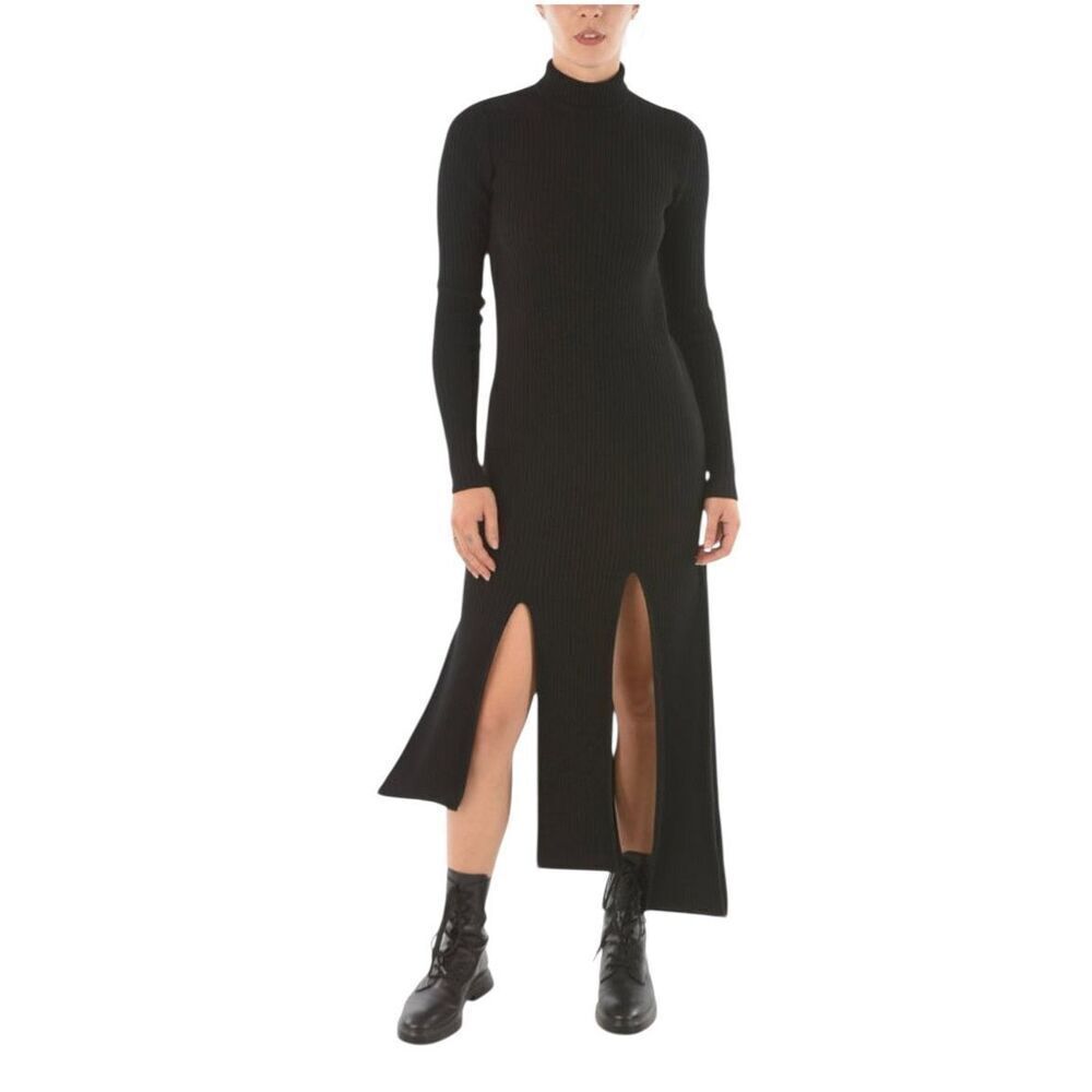 NWOT BOTTEGA VENETA Wool Blend Turtleneck Ribbed Bodycon Midi Black Dress Medium